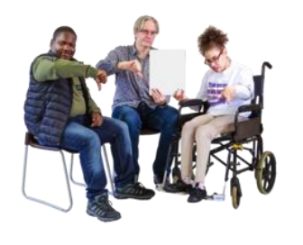 3 people sat talking. One woman is in a wheelchair and the other two are men. One man is a black man and the other is a white man. They both have a learning difficulty.